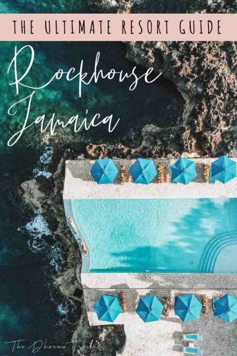 无人机拍摄的罗克豪斯牙买加泳池与文本叠加度假指南